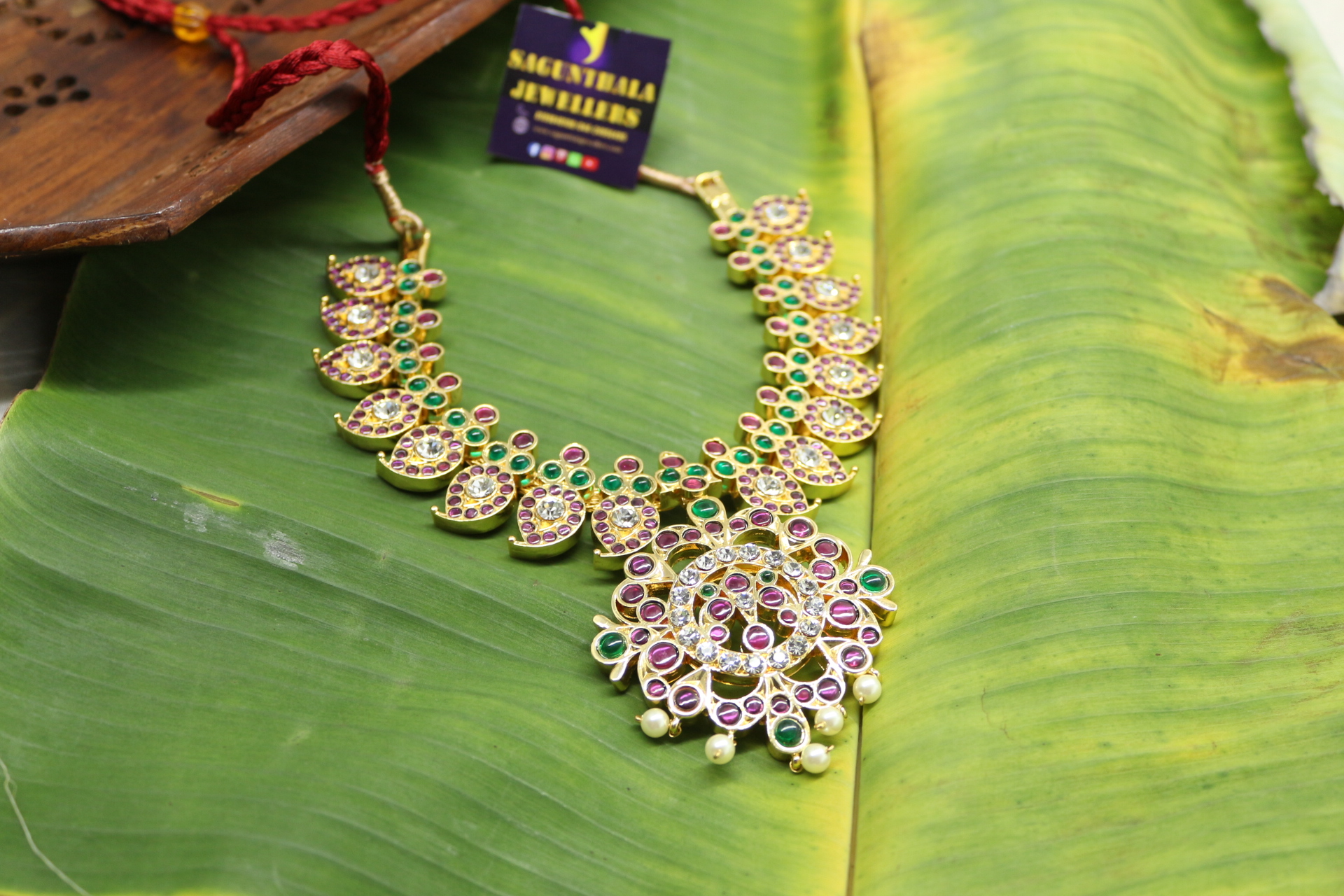 Traditional Mango Design Temple Necklace with Kemp stones
