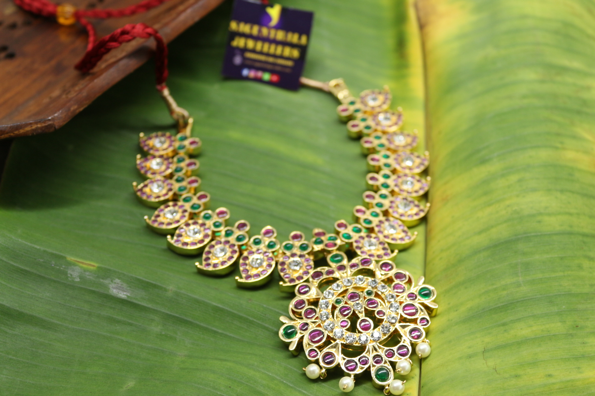 Traditional Mango Design Temple Necklace with Kemp stones