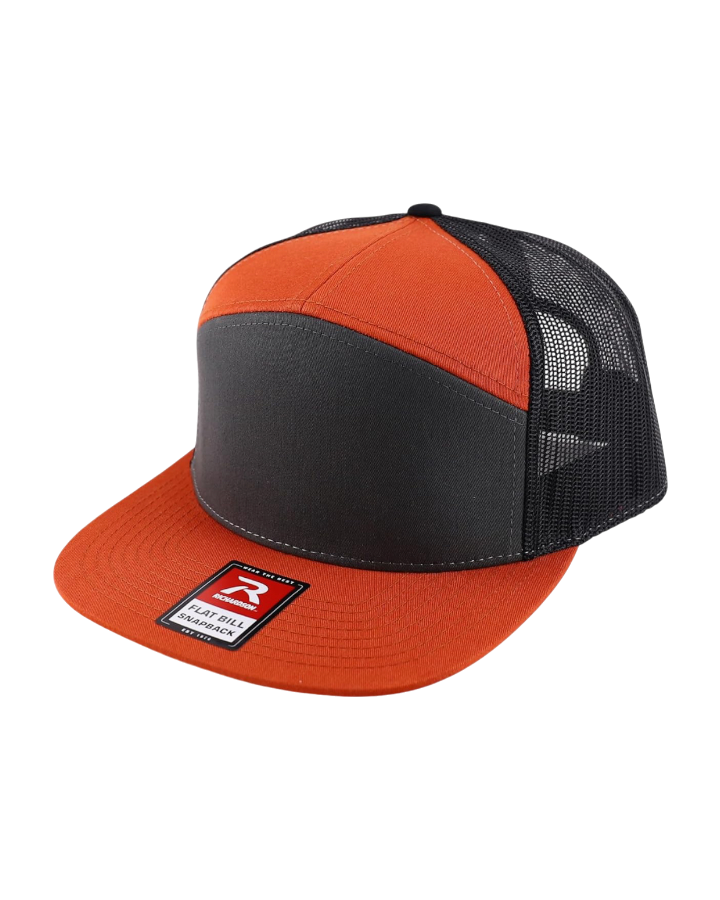 Richardson 168 7-Panel Trucker Hat Charcoal/Burnt Orange/Black