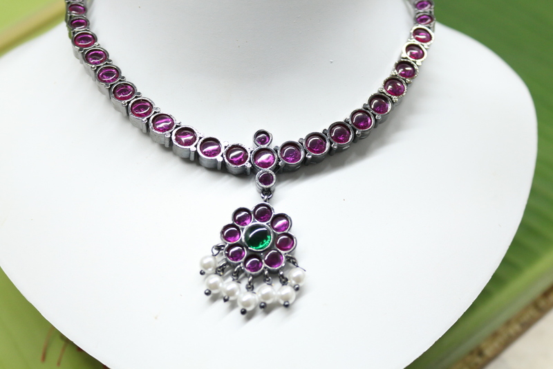 Margam Temple Jewellery - Copper & Real Kempstones - Black Antique Finish Attiga/Attigai/Addige