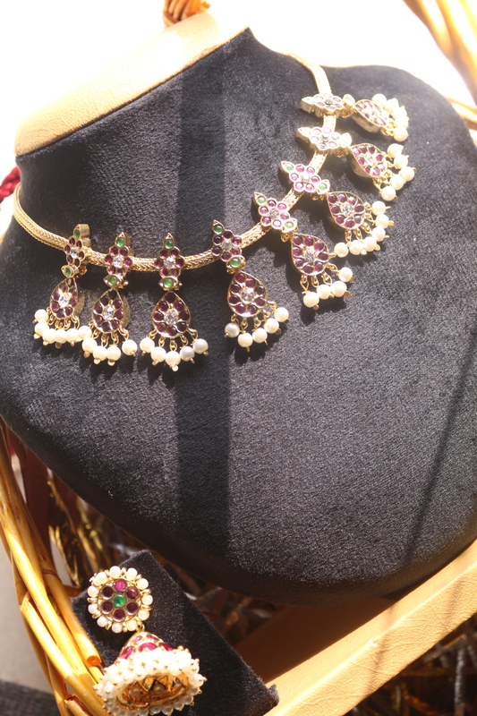 Classical Dance Kempu Drop Necklace with Pearls