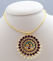 Margam Temple Jewellery – One Gram Gold Finish Copper-Based Attigai Necklace with Real Kempstones & Peacock Pendant
