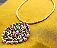 Margam Temple Jewellery – One Gram Gold Finish Copper-Based Attigai Necklace with Real Kempstones & Peacock Pendant