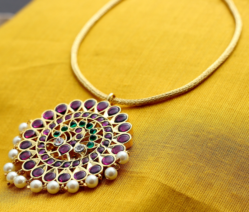 Margam Temple Jewellery – One Gram Gold Finish Copper-Based Attigai Necklace with Real Kempstones & Peacock Pendant