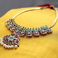 Margam Temple Jewellery - Copper & Real Stones Mango Pattern Attigai/Short Necklace