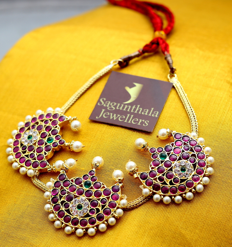 Margam Temple Jewellery - One Gram Gold Finish Copper & Real Kempstones Attiga/Attigai/Addige/Choker Chandran/Moon Pattern