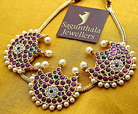 Margam Temple Jewellery - One Gram Gold Finish Copper & Real Kempstones Attiga/Attigai/Addige/Choker Chandran/Moon Pattern