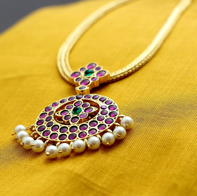 Margam Temple Jewellery - One Gram Gold Finish Copper & Real Kempstones Attiga/Attigai/Addige/Choker