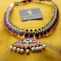 Margam Temple Jewellery - Mango Pattern One Gram Gold Finish Copper based & Real Kempstones Necklace