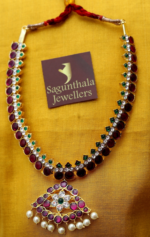 Margam Temple Jewellery - Mango Pattern One Gram Gold Finish Copper based & Real Kempstones Necklace