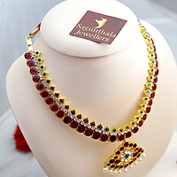 Margam Temple Jewellery - Mango Pattern One Gram Gold Finish Copper based & Real Kempstones Necklace