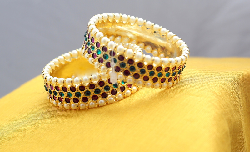 Margam Temple Jewellery - One Gram Gold Finish Copper & Real Kempstones Bangles - Pair of Two - Size 2.4