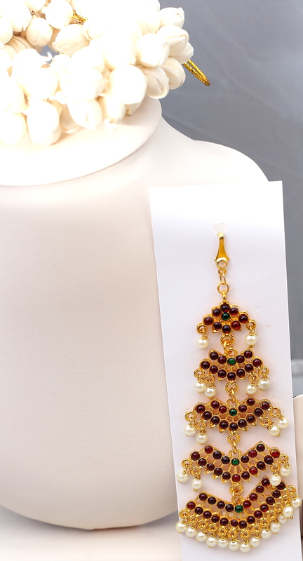 Temple Jewellery - Artificial Kempstones Forehead Pendant / Nethi Chutty / Maang Tikka