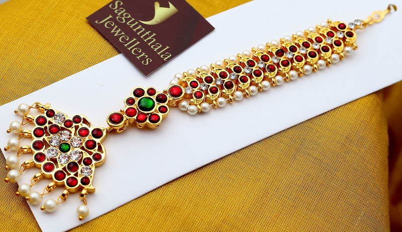Brass Gold Plated Temple Jewellery Maang Tikka with Red Kempstones – Traditional Hair Accessory