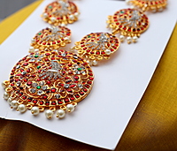Temple Jewellery - Peacock Pattern Full Kempstones Haram
