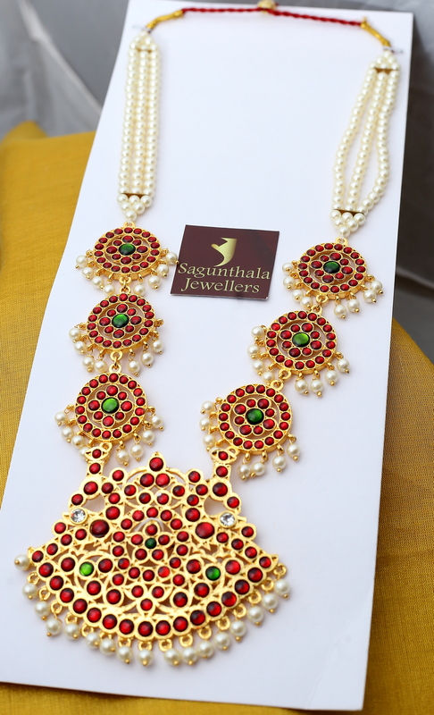 Temple Jewellery Pearls Haram with Kempstones Pendant – Traditional