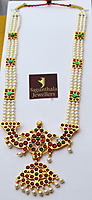 Temple Jewellery – Pearls Haram with Kempstones Pendant (Artificial)