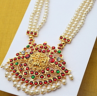 Temple Jewellery Pearls Haram with Kempstones goddess Lakshmi Pendant – Bridal & Dance Wear