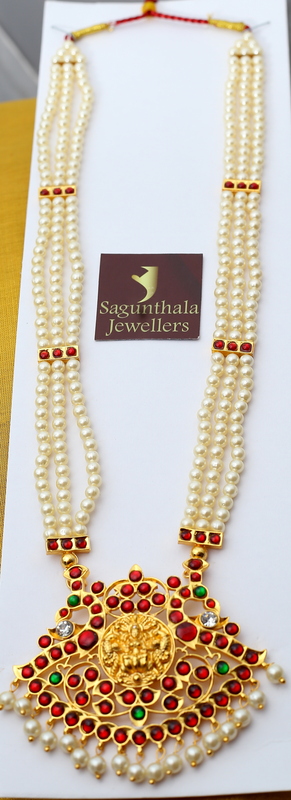 Temple Jewellery Pearls Haram with Kempstones goddess Lakshmi Pendant – Bridal & Dance Wear