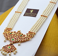 Temple Jewellery Haram – Brass Gold Plated with Artificial Kemp Stones & Pearls for Bridal, Dance, and Festive Wear