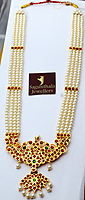 Temple Jewellery Haram – Brass Gold Plated with Artificial Kemp Stones & Pearls for Bridal, Dance, and Festive Wear