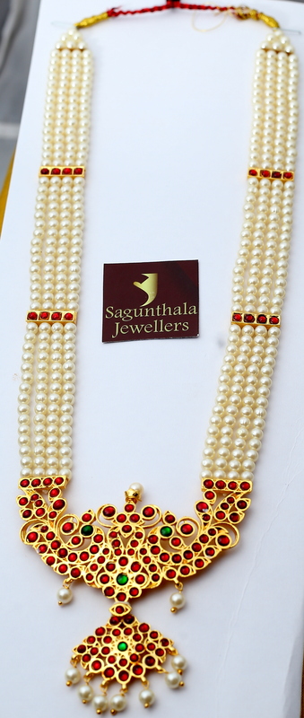 Temple Jewellery Haram – Brass Gold Plated with Artificial Kemp Stones & Pearls for Bridal, Dance, and Festive Wear