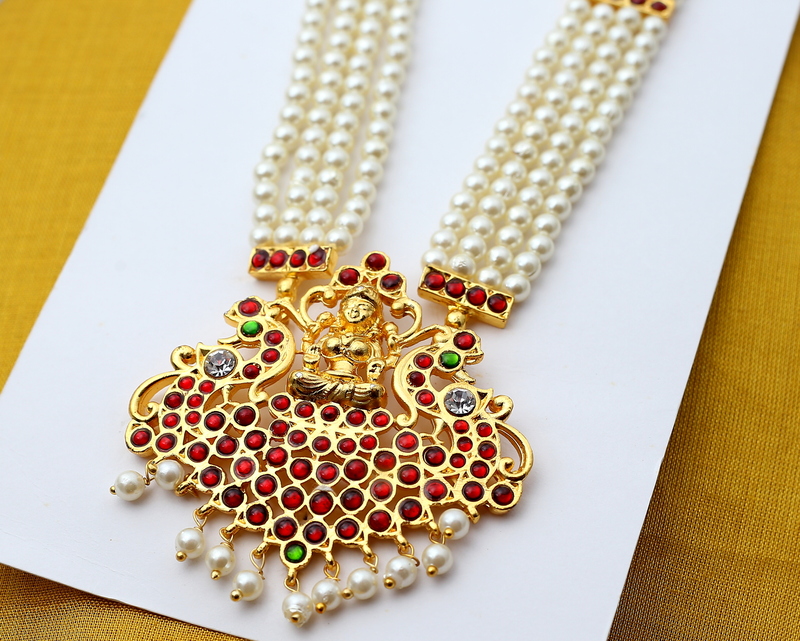 Brass Gold Finish Temple Haram with Artificial Kempstones & Pearls – Traditional Long Necklace
