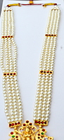 Brass Gold Finish Temple Haram with Artificial Kempstones & Pearls – Traditional Long Necklace