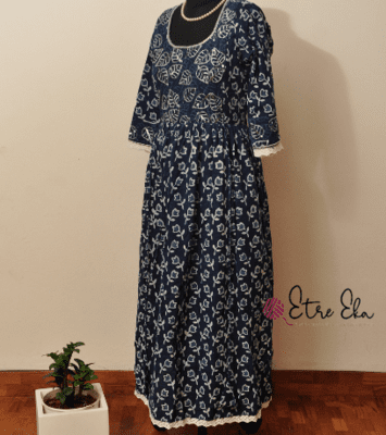Indigo Hand Block Printed - Leaf Print with Hand Embellishments