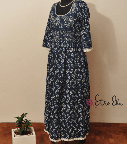 Indigo Hand Block Printed - Leaf Print with Hand Embellishments Indigo Hand Block Printed - Leaf Print with Hand Embellishments