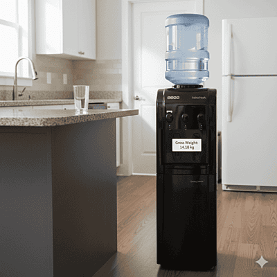 Close-up of the intuitive control panel on a jet black Usha Instafresh floor standing unit. Close-up of the intuitive control panel on a jet black Usha Instafresh floor standing unit.