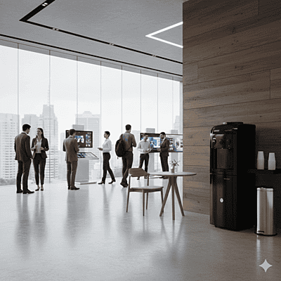 Tall jet black Usha Instafresh water dispenser with a high-efficiency cooling and heating system. Tall jet black Usha Instafresh water dispenser with a high-efficiency cooling and heating system.