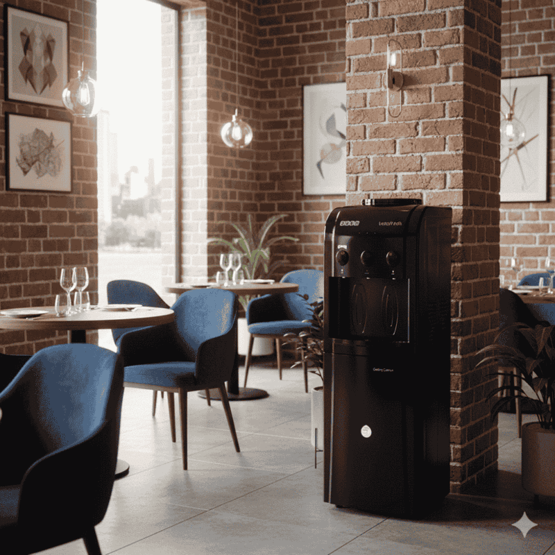 Elegant jet black Usha Instafresh water cooler designed for home and professional office spaces.