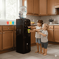 Usha Instafresh jet black water dispenser featuring a bottom storage cabinet and three faucets.