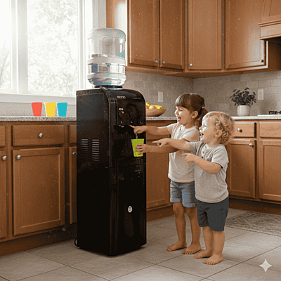 Usha Instafresh jet black water dispenser featuring a bottom storage cabinet and three faucets. Usha Instafresh jet black water dispenser featuring a bottom storage cabinet and three faucets.