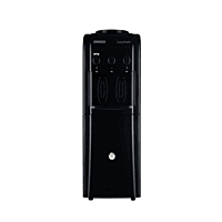 Front view of a sleek Usha Instafresh floor standing water dispenser in jet black finish.