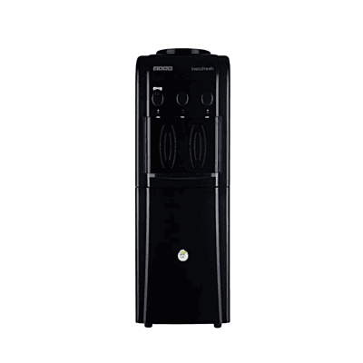Front view of a sleek Usha Instafresh floor standing water dispenser in jet black finish. Front view of a sleek Usha Instafresh floor standing water dispenser in jet black finish.