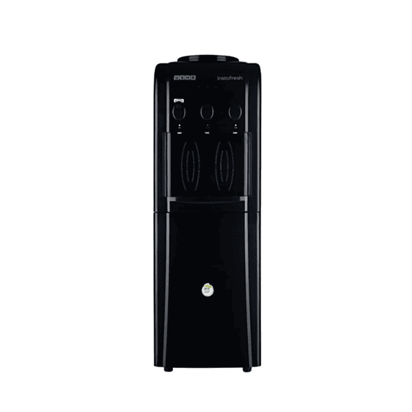 Front view of a sleek Usha Instafresh floor standing water dispenser in jet black finish.