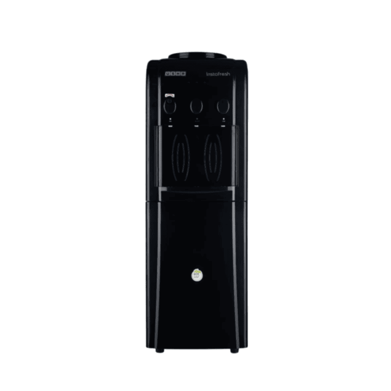Front view of a sleek Usha Instafresh floor standing water dispenser in jet black finish.