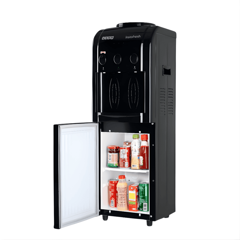 Front view of Usha Instafresh water dispenser in premium Jet Black finish.