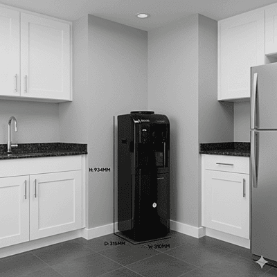 Modern Usha Instafresh water dispenser in jet black standing against a clean office wall. Modern Usha Instafresh water dispenser in jet black standing against a clean office wall.