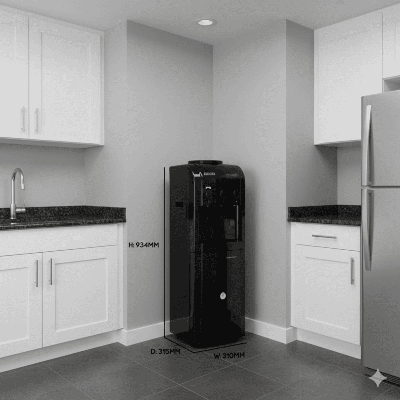 Professional Jet Black water dispenser by Usha with hot, cold, and ambient faucets.