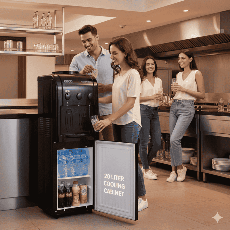 Compact Usha Instafresh water dispenser with a spacious cooling cabinet below.