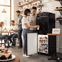 Usha Instafresh Jet Black water dispenser with integrated refrigerator for beverages. Usha Instafresh Jet Black water dispenser with integrated refrigerator for beverages.