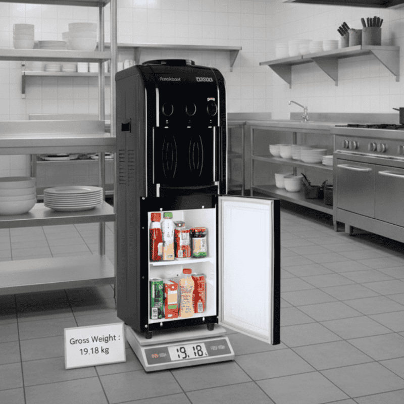 Modern Jet Black Usha Instafresh floor-standing water dispenser with three taps.