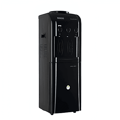 Minimalist jet black Usha Instafresh water dispenser with hot, cold, and ambient water taps. Minimalist jet black Usha Instafresh water dispenser with hot, cold, and ambient water taps.