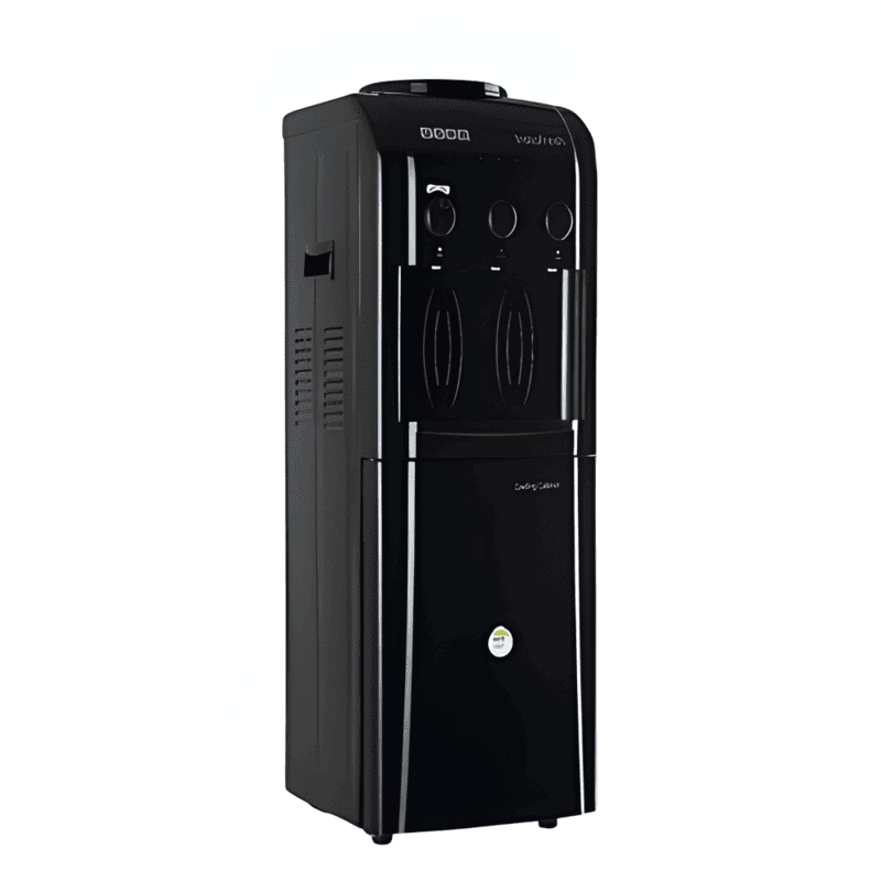 Usha Instafresh water dispenser in sleek Jet Black with built-in cooling cabinet.