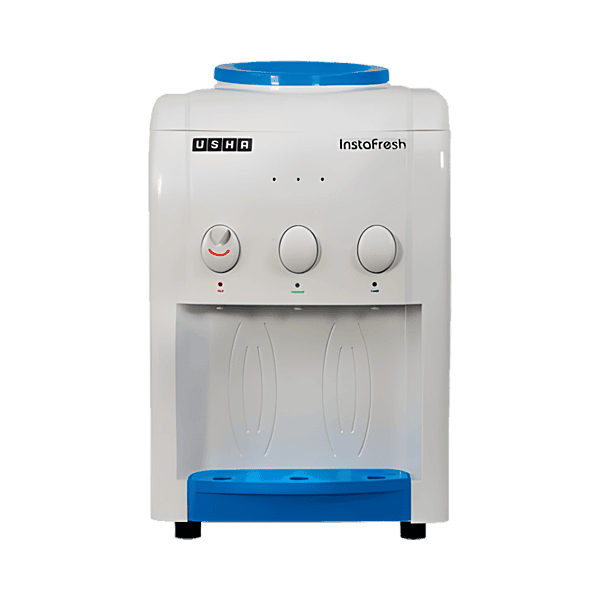 Front view of Usha Instafresh water dispenser showing LED indicators and easy-push buttons.