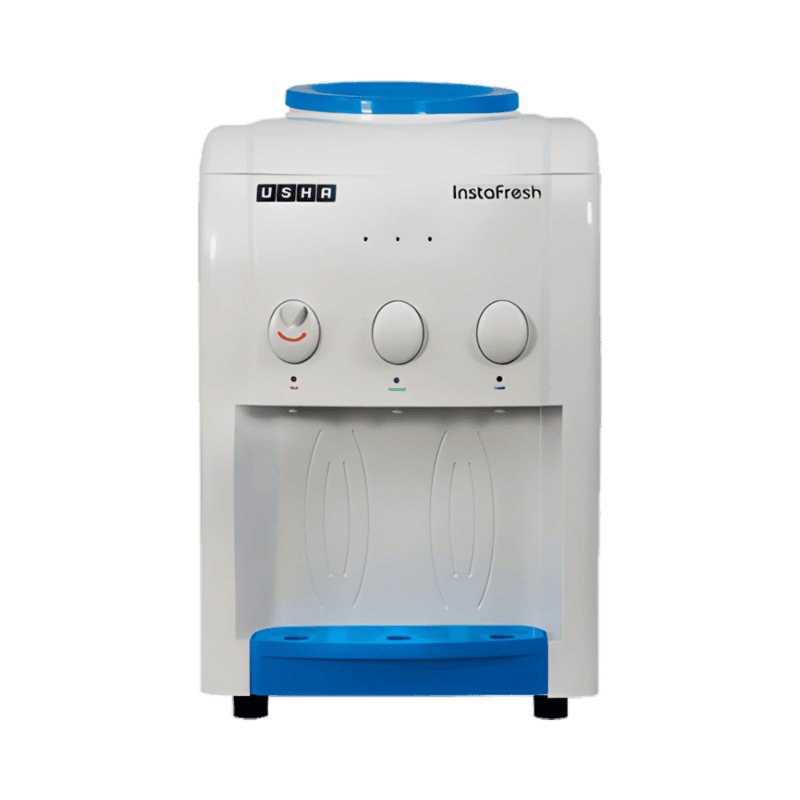 Front view of Usha Instafresh water dispenser showing LED indicators and easy-push buttons.