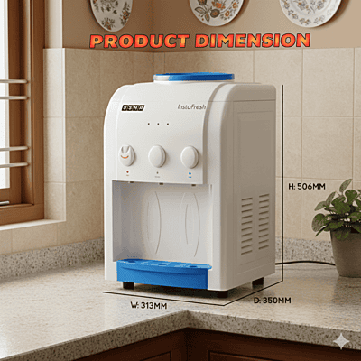 Minimalist white Usha Instafresh table top water dispenser for home and dormitory use.